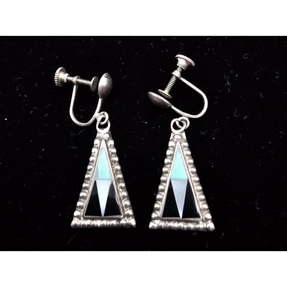 Vintage Zuni‎ Native American Sterling Silver Turquoise Screw Back Earrings